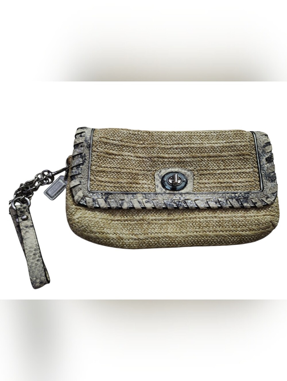 Coach Hampton EUC Straw & Python Leather Trim Clutch Wristlet (Style 47440).